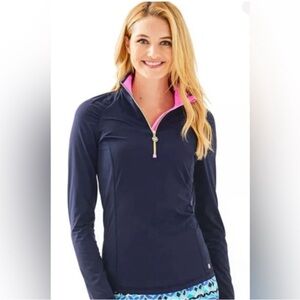 Lilly Pulitzer Navy Quarter-Zip Pullover with Pink Trim with gold hardware